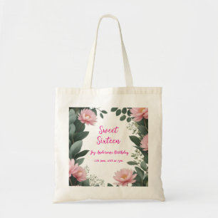 roze bloem groene eucalyptus 16e verjaardag tote bag