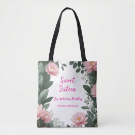  roze bloem groene eucalyptus 16e verjaardag tote bag