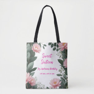 roze bloem groene eucalyptus 16e verjaardag tote bag