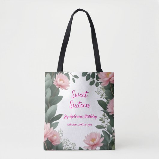  roze bloem groene eucalyptus 16e verjaardag tote bag (Voorkant)