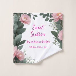  roze bloem groene eucalyptus 16e verjaardag washandje