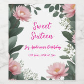 roze bloem groene eucalyptus 16e verjaardag wijn etiket (Enkel label)