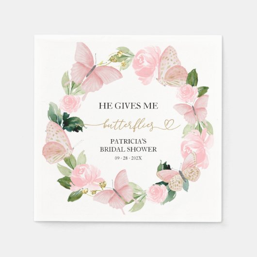 Roze Bloem Hij geeft me vlinders Vrijgezellenfeest Servet (Voorkant)
