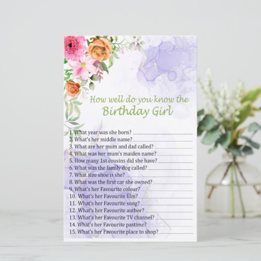 Roze Bloem Hoe goed ken je het verjaardagsmeisje? (Staand voorkant)