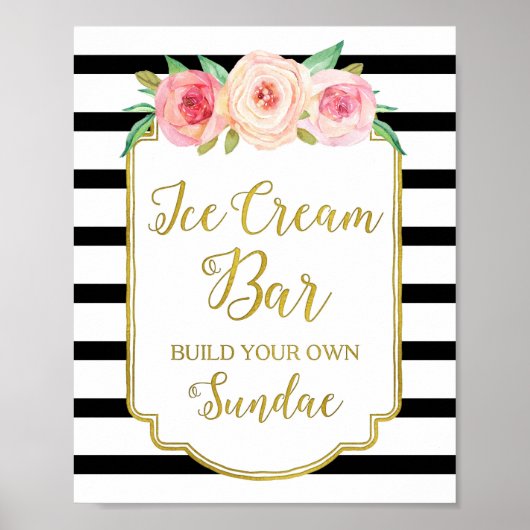 Roze Bloem IJssalon Bord Goud Zwart Strepen Poster (Voorkant)