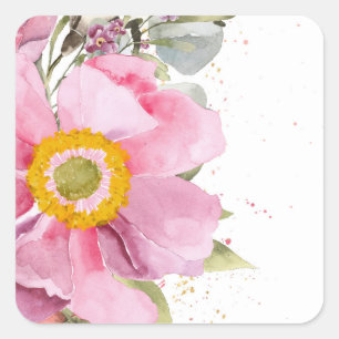 Roze bloem in waterverf vierkante sticker