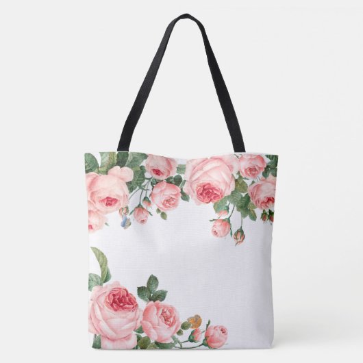 Roze Bloem Initialen Monogram met Blozende Roos Tote Bag (Achterkant)