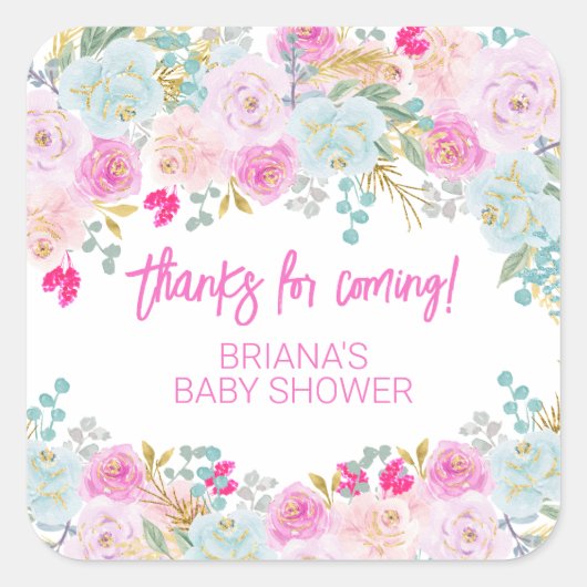 Roze bloem jongens babyshower favoren vierkante sticker (Voorkant)