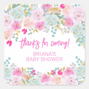 Roze bloem jongens babyshower favoren vierkante sticker