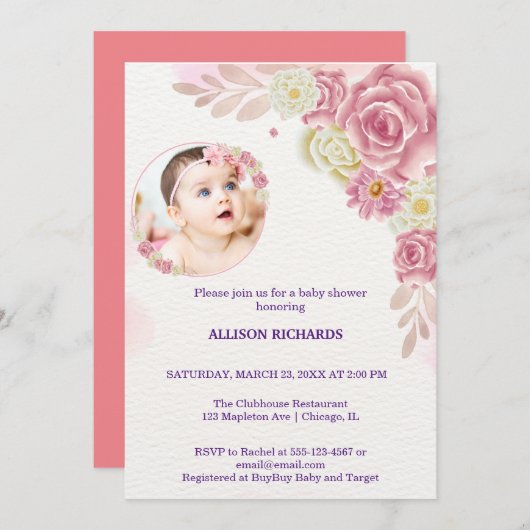 Roze bloem kaart (Voorkant / Achterkant)