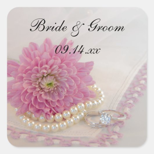 Roze Bloem, Kant en Ringen Bruiloft Envelop Afdich Vierkante Sticker (Voorkant)