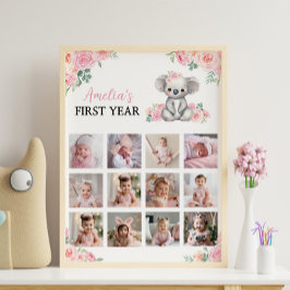 Roze bloem Koala Eerste Jaar Foto Mijlpaal Bord Poster