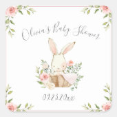 Roze Bloem Konijn Baby Shower Vierkante Sticker (Voorkant)