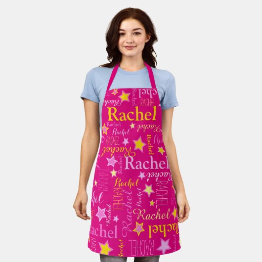 Roze bloem korte naam Rachel stars Apron Schort (Gedragen)