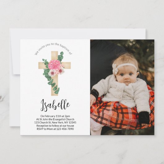Roze Bloem Kruis Foto Baptisme Uitnodiging (Voorkant)