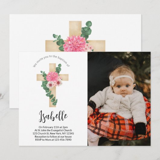 Roze Bloem Kruis Foto Baptisme Uitnodiging (Voorkant / Achterkant)