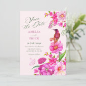 Roze bloem kunst kolibrie bruiloft save the date (Staand voorkant)