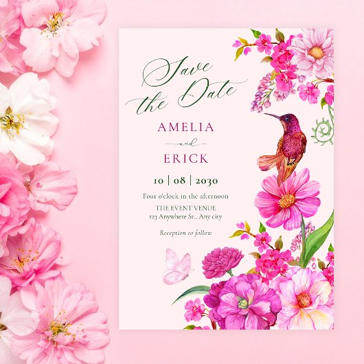 Roze bloem kunst kolibrie bruiloft save the date