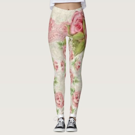 roze bloem lange leggings (Voorkant)