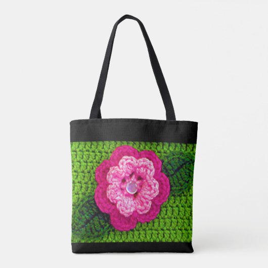 Roze Bloem Lente Groene Artisan Haakprint Tote Bag (Achterkant)