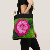 Roze Bloem Lente Groene Artisan Haakprint Tote Bag (Dichtbij)