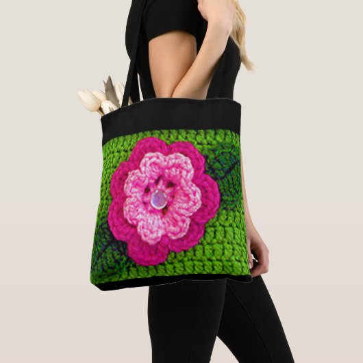 Roze Bloem Lente Groene Artisan Haakprint Tote Bag (Dichtbij)