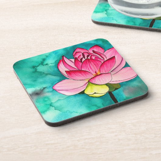 Roze bloem lotus fine art waterverf bier onderzetter (Linkerzijde)