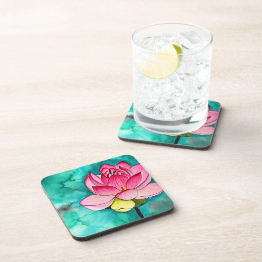 Roze bloem lotus fine art waterverf bier onderzetter (Rechterzijde)