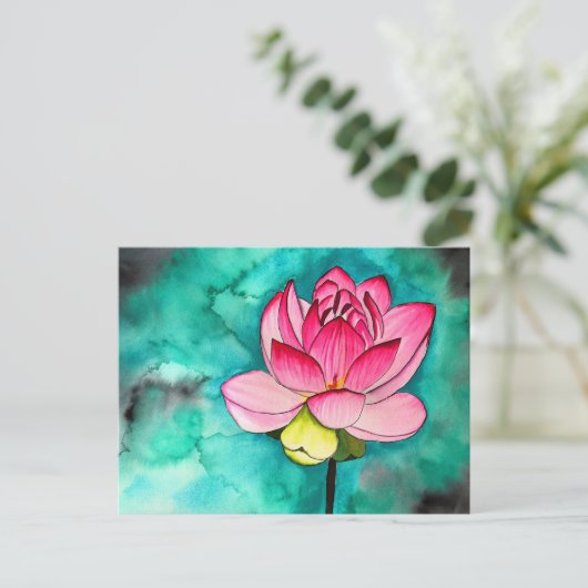 Roze bloem lotus fine art waterverf briefkaart (Staand voorkant)
