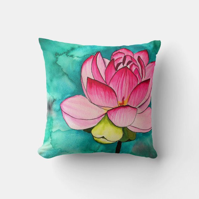 Roze bloem lotus fine art waterverf kussen (Voorkant)