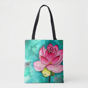 Roze bloem lotus fine art waterverf tote bag