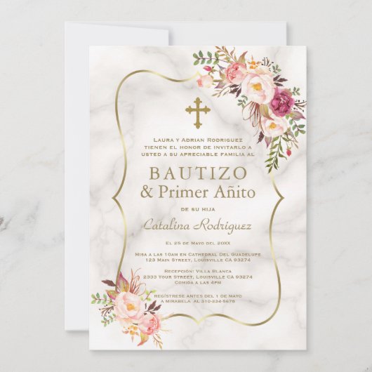 Roze Bloem Marmer Spaans 1e Verjaardag Doopfeest Kaart (Voorkant)