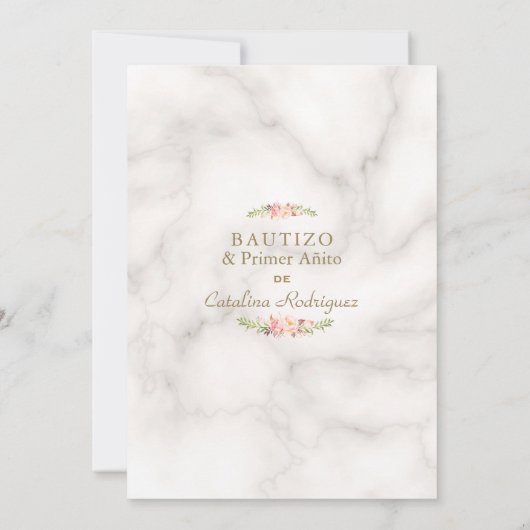 Roze Bloem Marmer Spaans 1e Verjaardag Doopfeest Kaart (Achterkant)