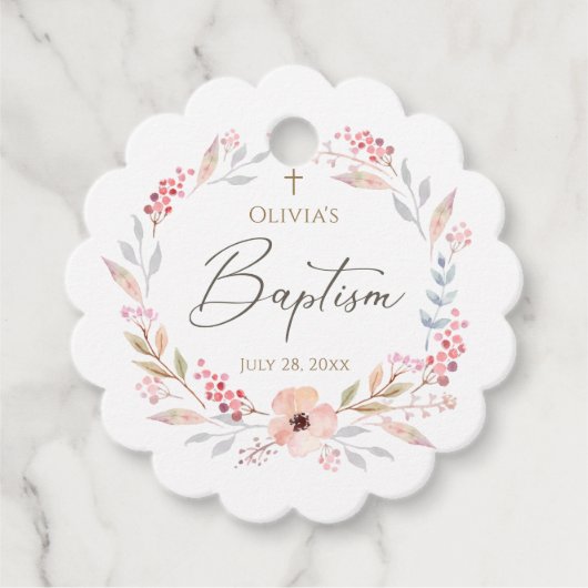 Roze bloem meisje doop geschulpte bedankjes labels (Voorkant)