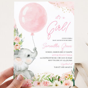  Roze Bloem Meisje Olifant Baby Shower Kaart