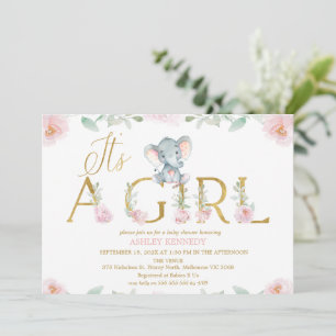 Roze Bloem Meisje Olifant Baby Shower Uitnodiging