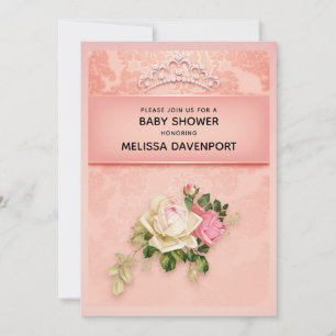 Roze bloem met diamanten tiara elegante baby showe kaart