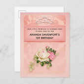 Roze bloem met diamanten tiara prinses verjaardag uitnodiging briefkaart (Voorkant / Achterkant)