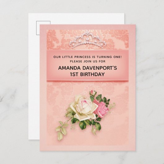 Roze bloem met diamanten tiara prinses verjaardag uitnodiging briefkaart (Voorkant / Achterkant)