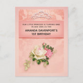 Roze bloem met diamanten tiara prinses verjaardag uitnodiging briefkaart (Voorkant)