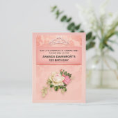 Roze bloem met diamanten tiara prinses verjaardag uitnodiging briefkaart (Staand voorkant)