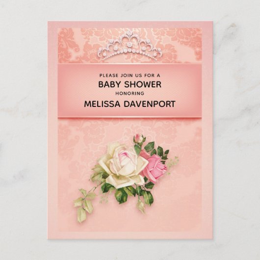 Roze bloem met Diamond Tiara Elegant Baby shower Uitnodiging Briefkaart (Voorkant)