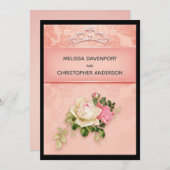 Roze bloem met Diamond Tiara Elegant Wedding Inv Kaart (Voorkant / Achterkant)