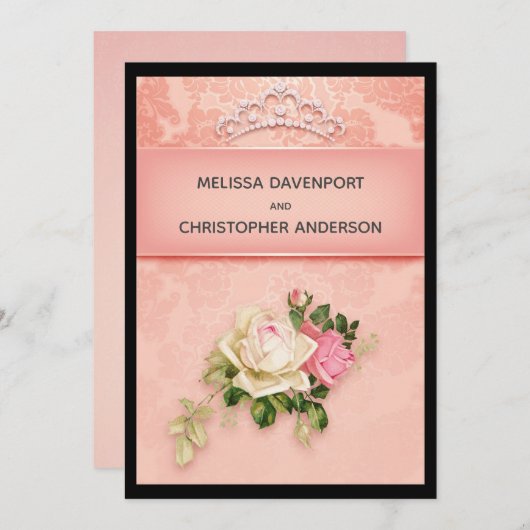 Roze bloem met Diamond Tiara Elegant Wedding Inv Kaart (Voorkant / Achterkant)