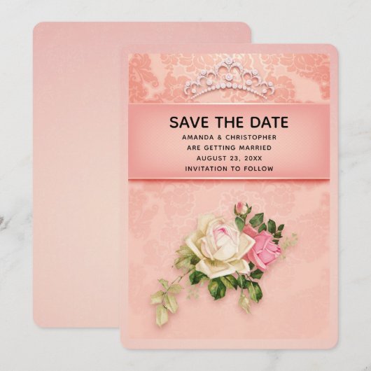 Roze bloem met Diamond Tiara Elegant Wedding Save The Date (Voorkant / Achterkant)