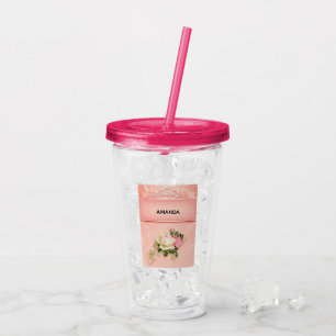 Roze bloem met Diamond Tiara Princess Design Acryl Drinkbeker