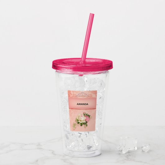 Roze bloem met Diamond Tiara Princess Design Acryl Drinkbeker (Achterkant ijs)