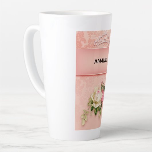 Roze bloem met Diamond Tiara Princess Design Latte Mok (Linkerhoek)