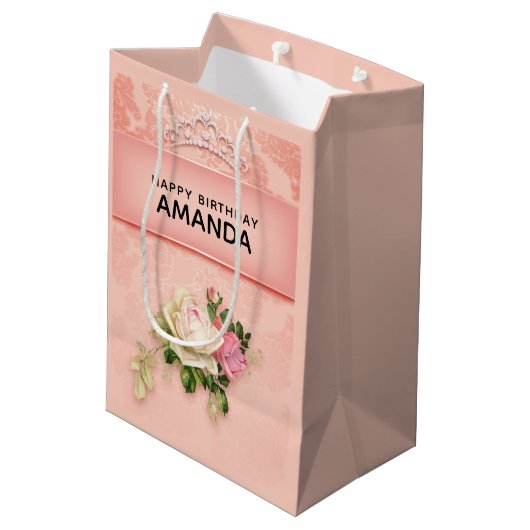 Roze bloem met Diamond Tiara Princess Design Medium Cadeauzakje (Achterkant Gekanteld)
