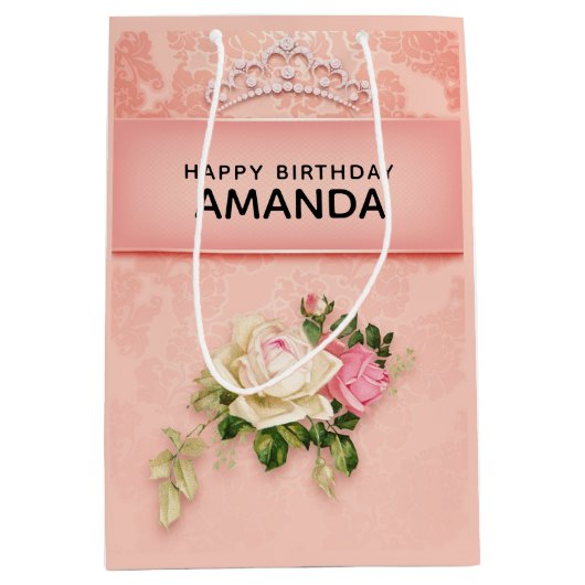 Roze bloem met Diamond Tiara Princess Design Medium Cadeauzakje (Voorkant)